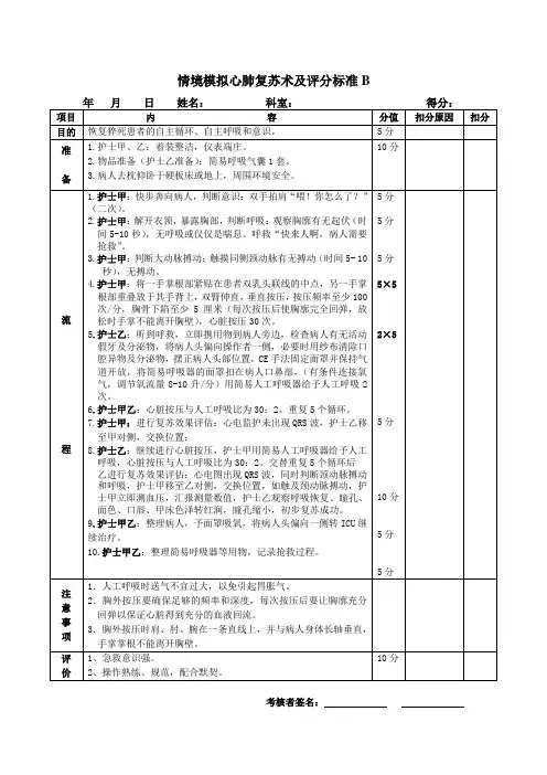 情景模拟心肺复苏术及评分标准B
