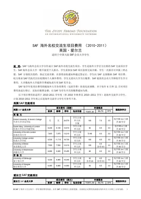 SAF 海外名校交流生项目费用