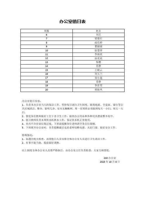 办公室卫生值日表