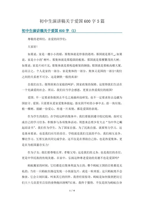 初中生演讲稿关于爱国600字5篇