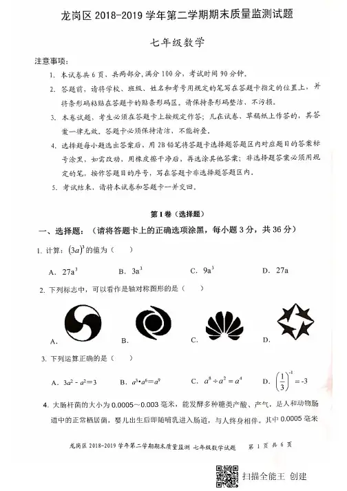广东省深圳市龙岗区2018-2019学年七年级下学期期末考试数学试题及参考答案