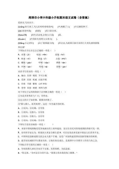菏泽市小学六年级小升初期末语文试卷(含答案)
