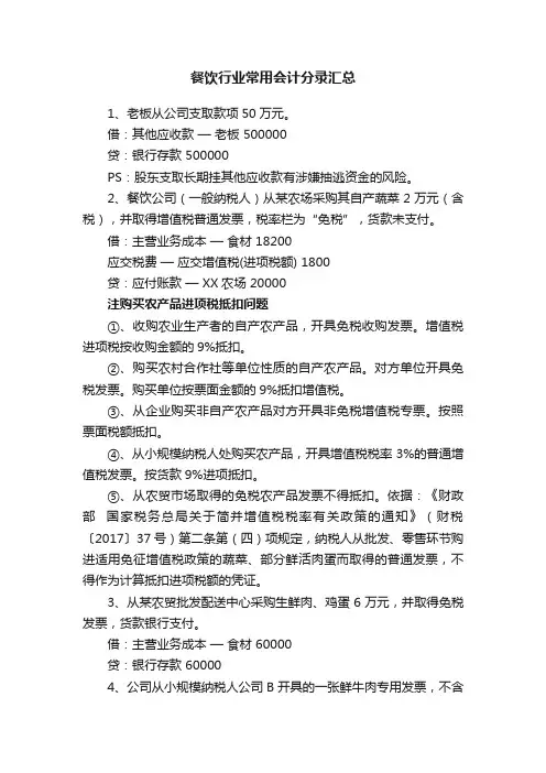 餐饮行业常用会计分录汇总