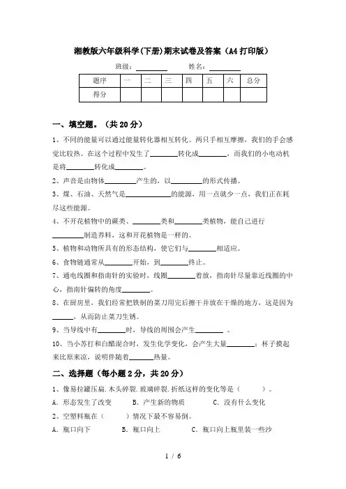 湘教版六年级科学(下册)期末试卷及答案(A4打印版)