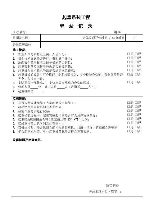起重吊装工程监理旁站记录