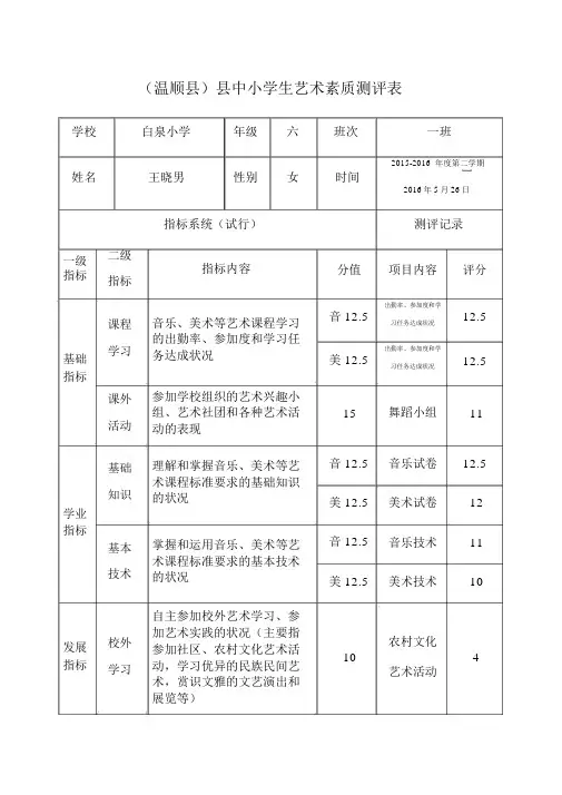 年级小学生艺术素质测评表