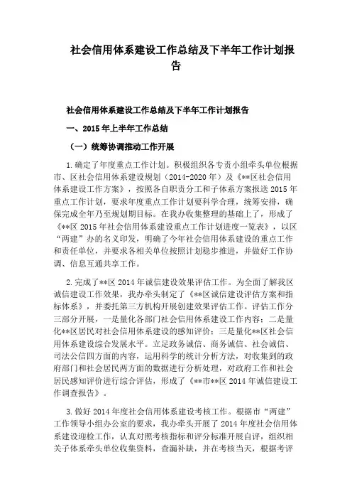 社会信用体系建设工作总结及下半年工作计划报告