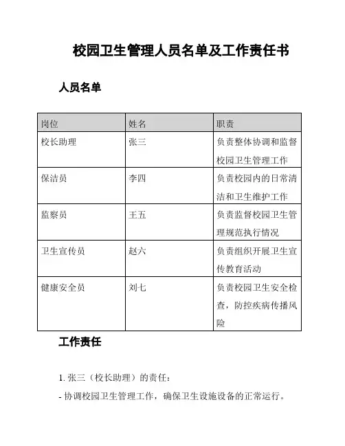 校园卫生管理人员名单及工作责任书