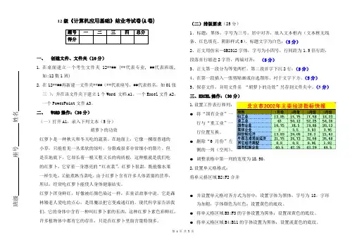 12级《计算机应用基础》结业考试A卷