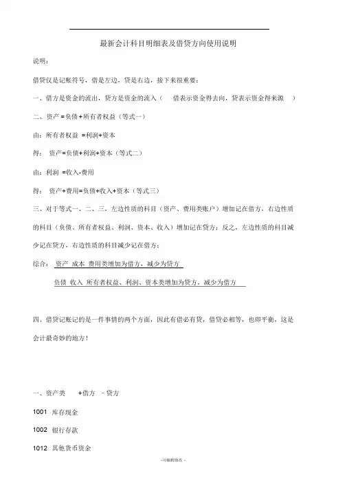 会计科目明细表及借贷方向使用说明