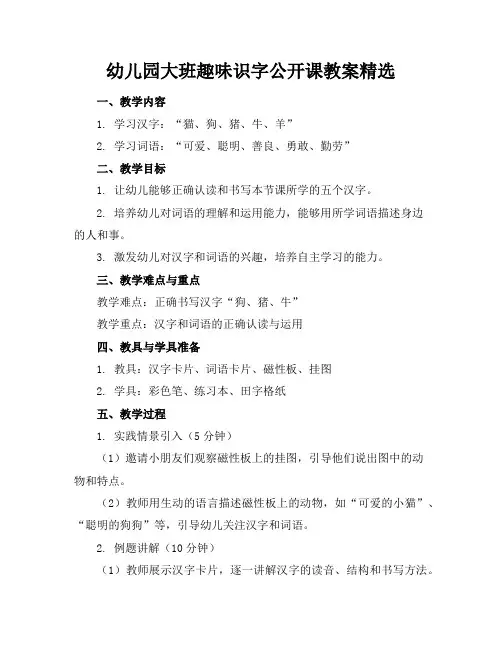 幼儿园大班趣味识字公开课教案精选