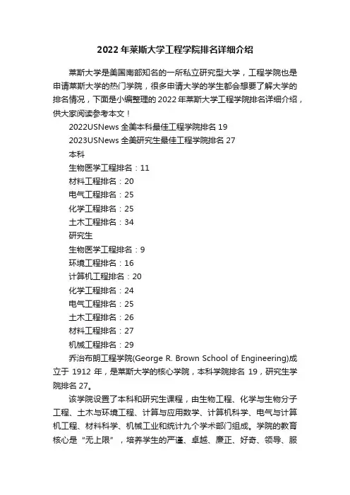 2022年莱斯大学工程学院排名详细介绍