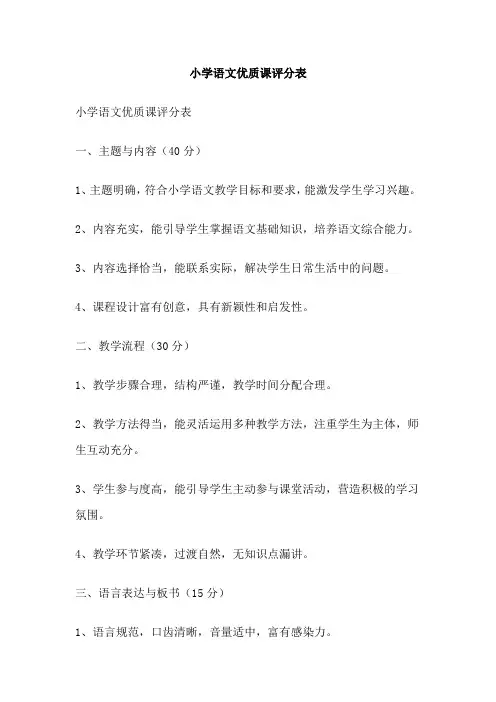 小学语文优质课评分表