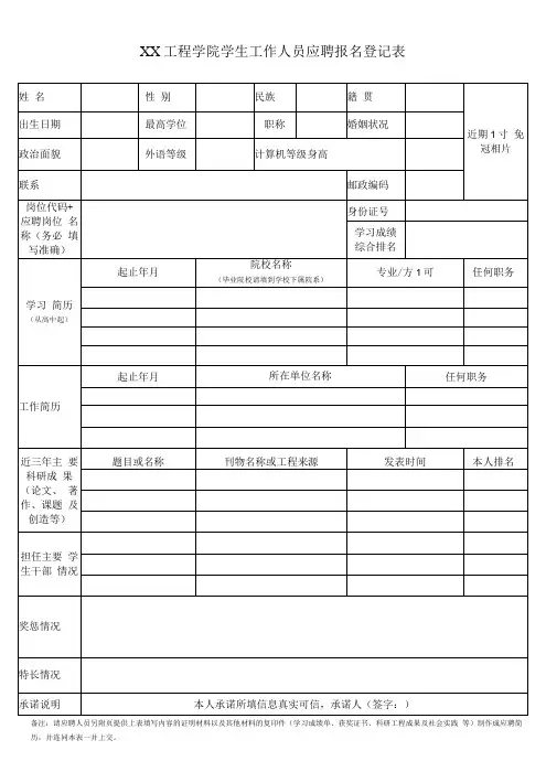 XX工程学院学生工作人员应聘报名登记表