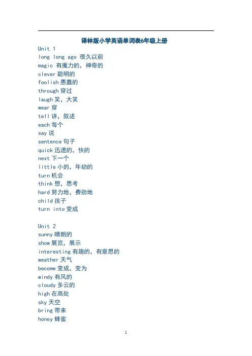 译林版小学英语单词表6年级上册