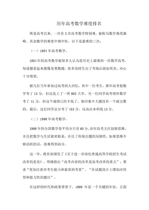 历年高考数学难度排名