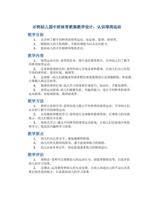 示范幼儿园中班体育教案教学设计：认识球类运动