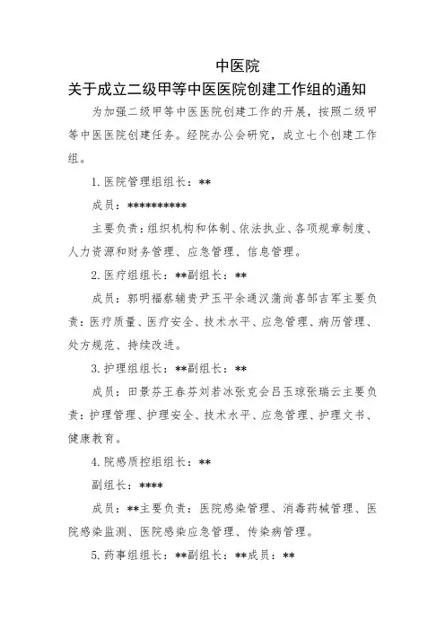 中医院关于成立二级甲等中医医院创建工作组的通知