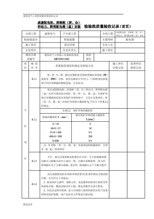 成套配电柜、配电箱检验批质量验收记录