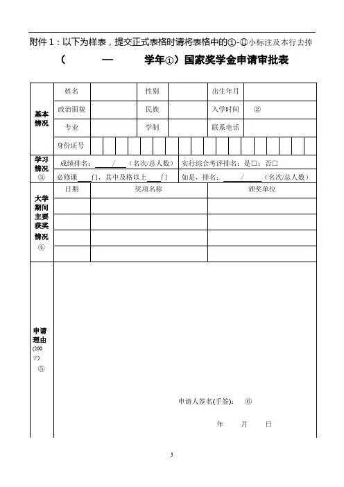 《国家奖学金申请审批表》填写说明(—学年①)国家奖学金申请审批表【模板】