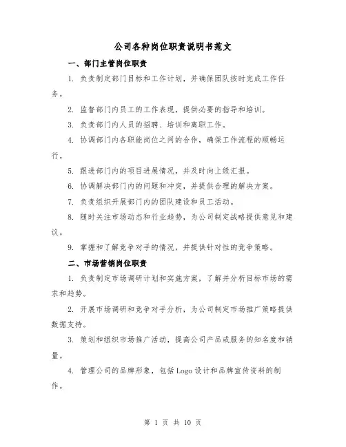 公司各种岗位职责说明书范文（三篇）