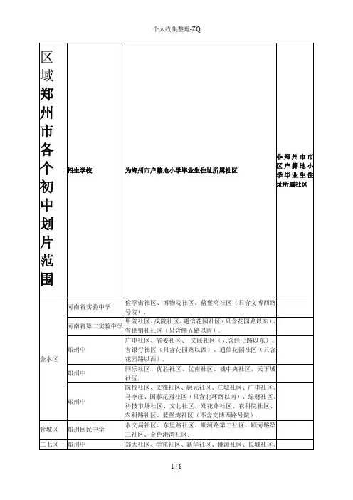 郑州市各个初中划片范围详细