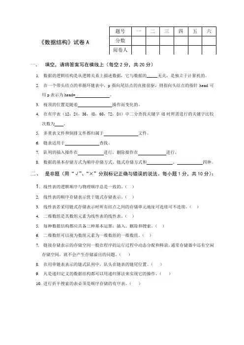 数据结构试卷A及答案