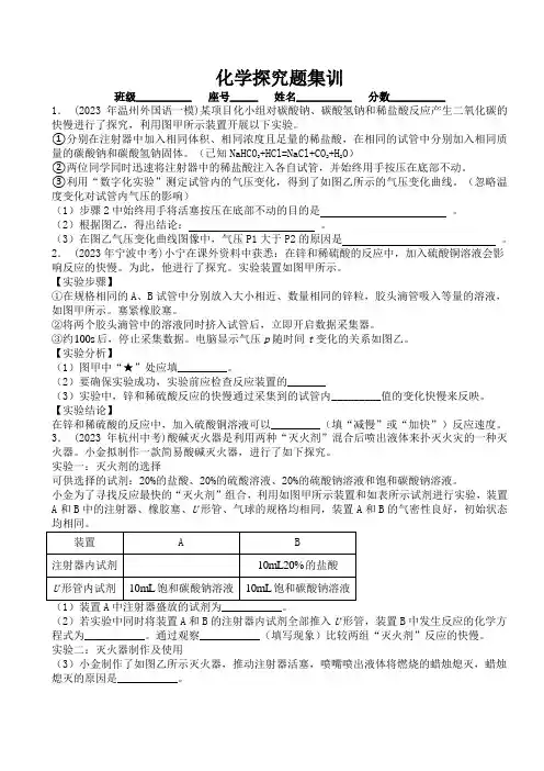 化学探究题新题集训浙教版科学九年级上册