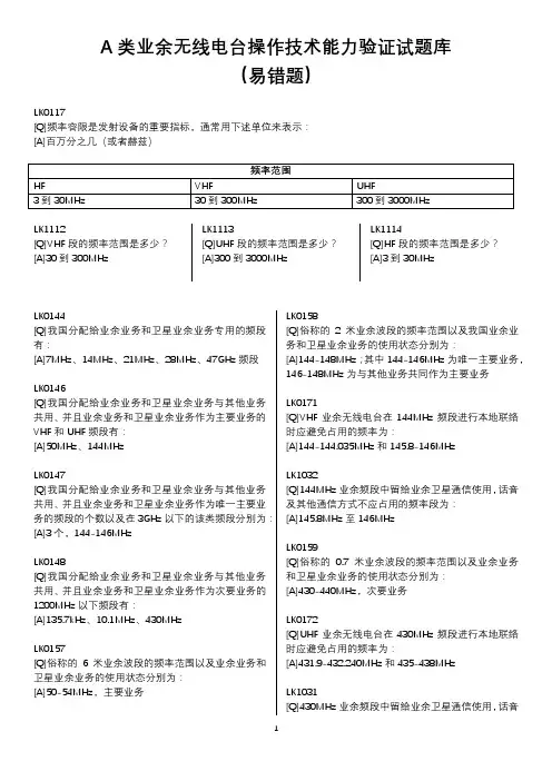 A类业余无线电台操作技术能力验证试题练习题库(易错题).doc