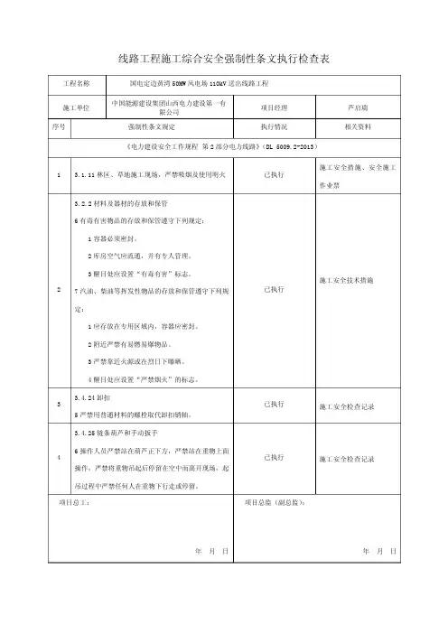 输电线路工程施工安全强制性条文执行检查计划表