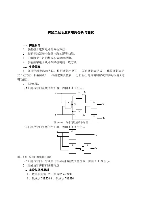实验二 组合逻辑电路分析与测试
