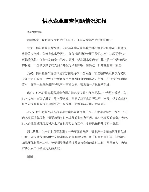 供水企业自查问题情况汇报