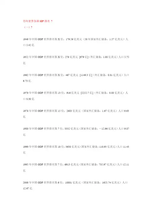 历年世界各国GDP排名  中国GDP总值、世界排名、人口及外汇储备统计数据