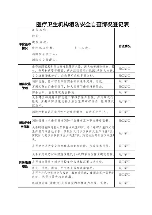医疗卫生机构消防安全自查情况登记表