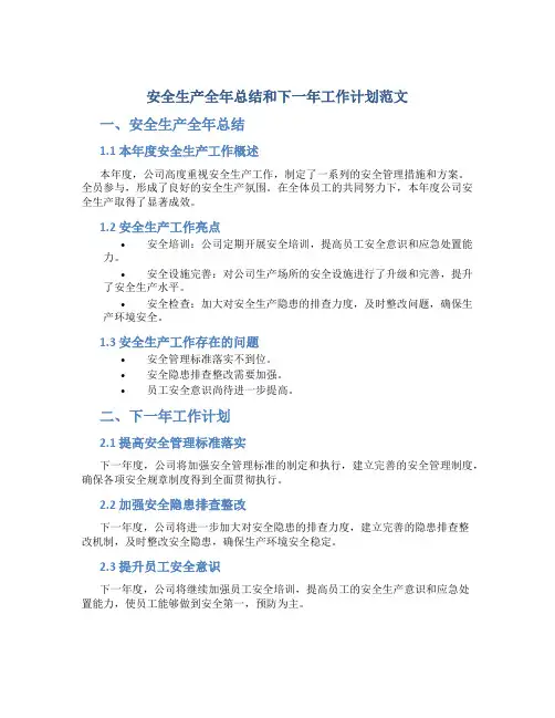 安全生产全年总结和下一年工作计划范文