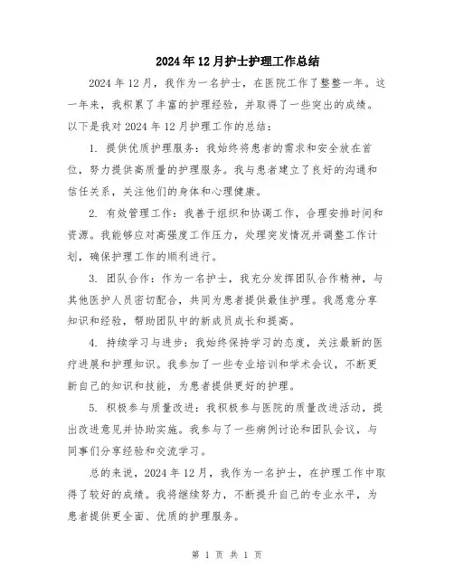 2024年12月护士护理工作总结