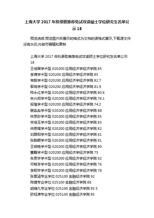上海大学2017年拟录取推荐免试攻读硕士学位研究生名单公示18
