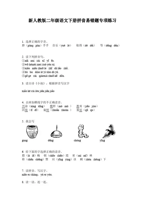 新人教版二年级语文下册拼音易错题专项练习