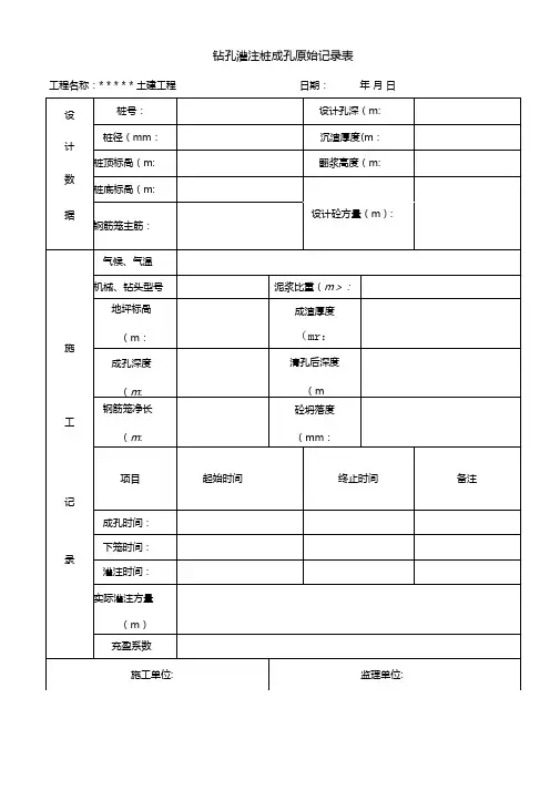 钻孔灌注桩成孔原始记录表