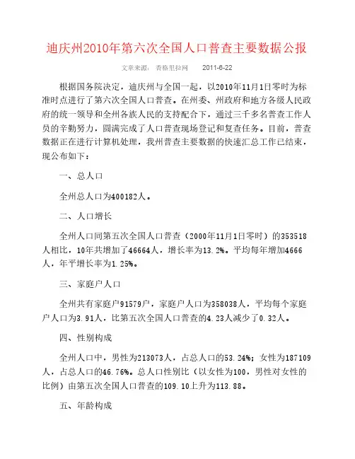 2516-云南省迪庆州2010年第六次全国人口普查主要数据公报