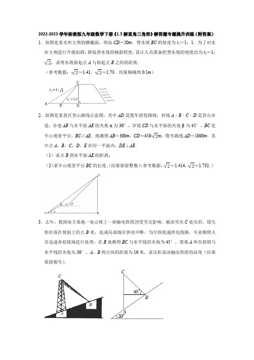 2022-2023学年浙教版九年级数学下册《1-3解直角三角形》解答题专题提升训练(附答案)