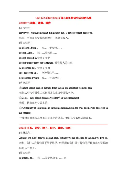 高考一轮复习-北师大版必修四Unit 12 Culture Shock核心词汇短语句式归纳拓展