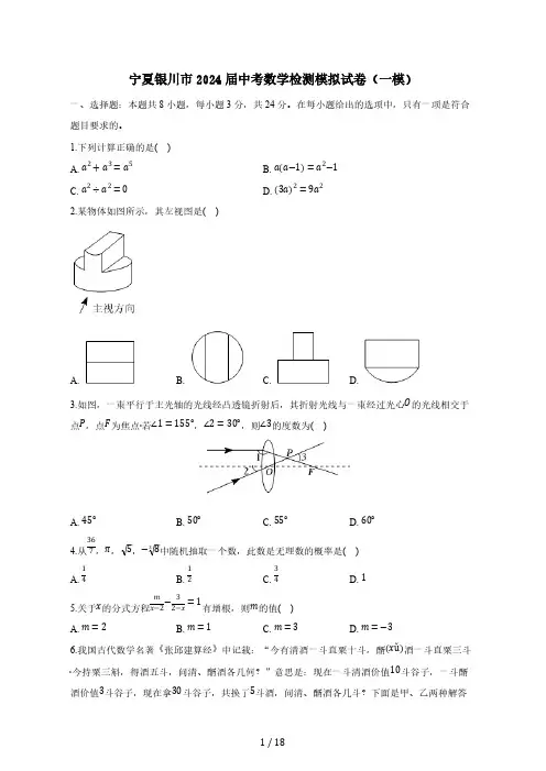 宁夏银川市2024届中考数学检测模拟试卷(一模)附答案