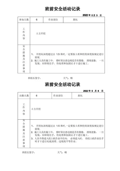 (安全生产)日常班前安全教育记录