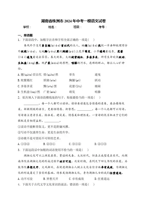 湖南省株洲市2024年中考一模语文试卷(含解析)