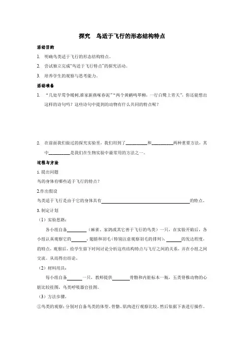 初中生物实验课——探究鸟适于飞行的形态结构特点