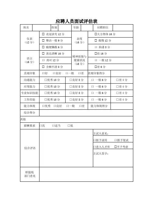 应聘人员面试评估表