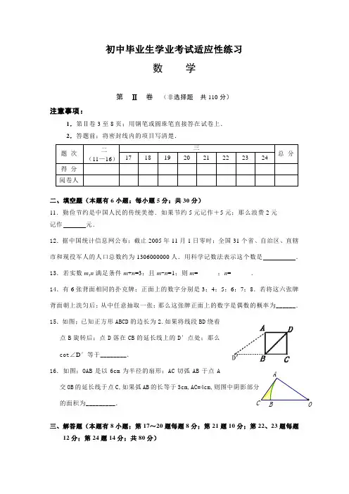 2021年初中毕业生学业考试适应性练习数学2