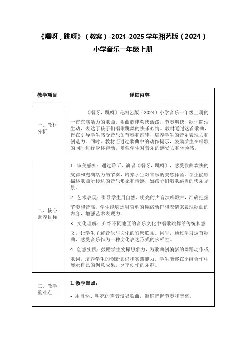 《唱呀,跳呀》(教案)-2024-2025学年湘艺版(2024)小学音乐一年级上册