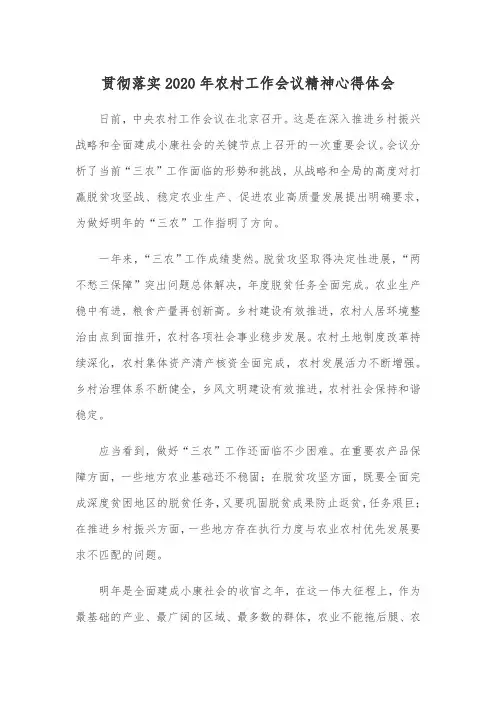贯彻落实2020年农村工作会议精神心得体会